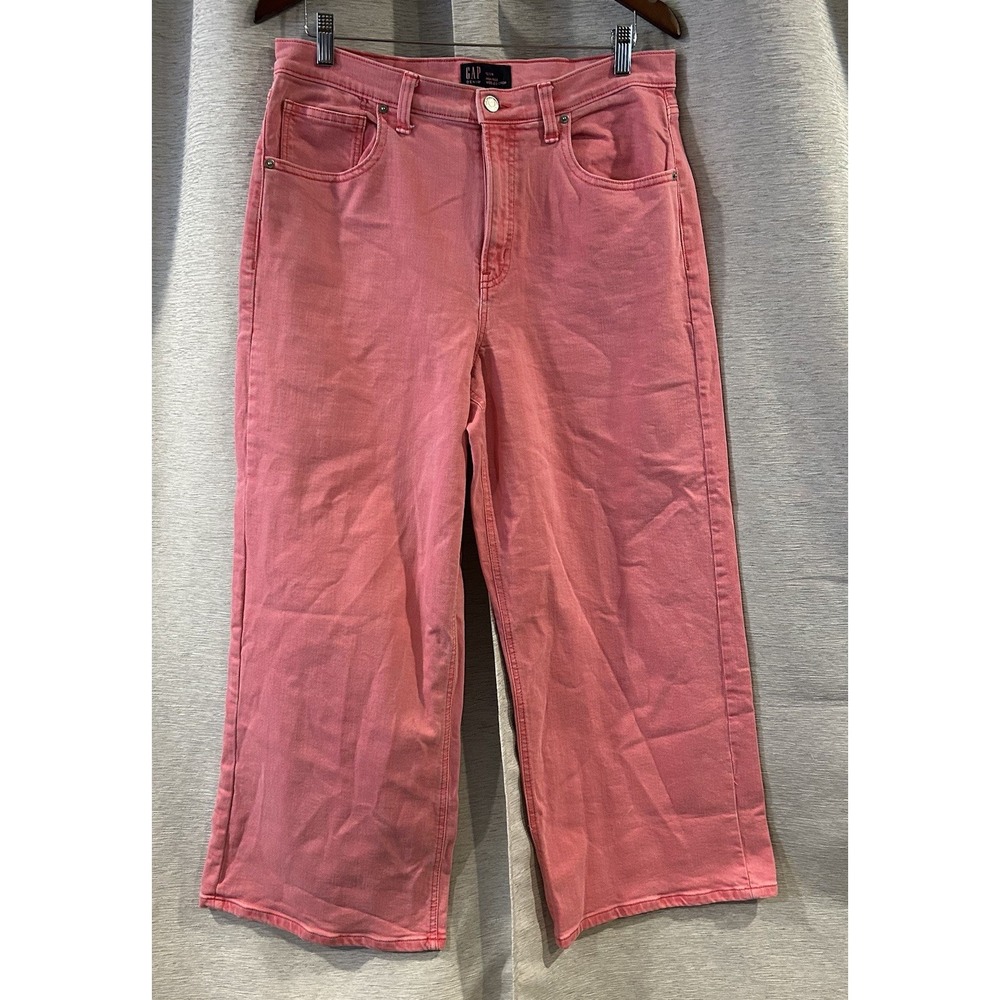 GAP Womens High Rise Wide Leg Crop‎ Jeans Candy Coral Size 12/31R Raw Hem